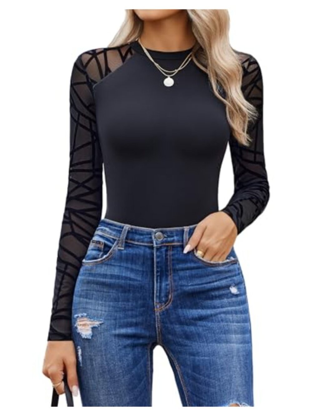 Nylon Spandex Long Sleeve Bodysuit Crew Neck Mesh Snap Crotch